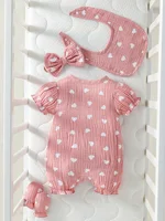 Baby Girls 4pcs Summer O-Round  Cotton Soft Printing Heart Streetwear Cute Bodysuit 3