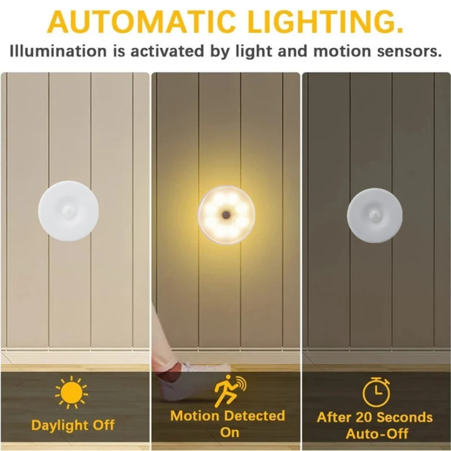 Motion Sensor Light Led USB NightLights Round Chargeable Lamp for Bedroom Kitchen Stair Hallway Wardrobe Lighting Cupboard 3
