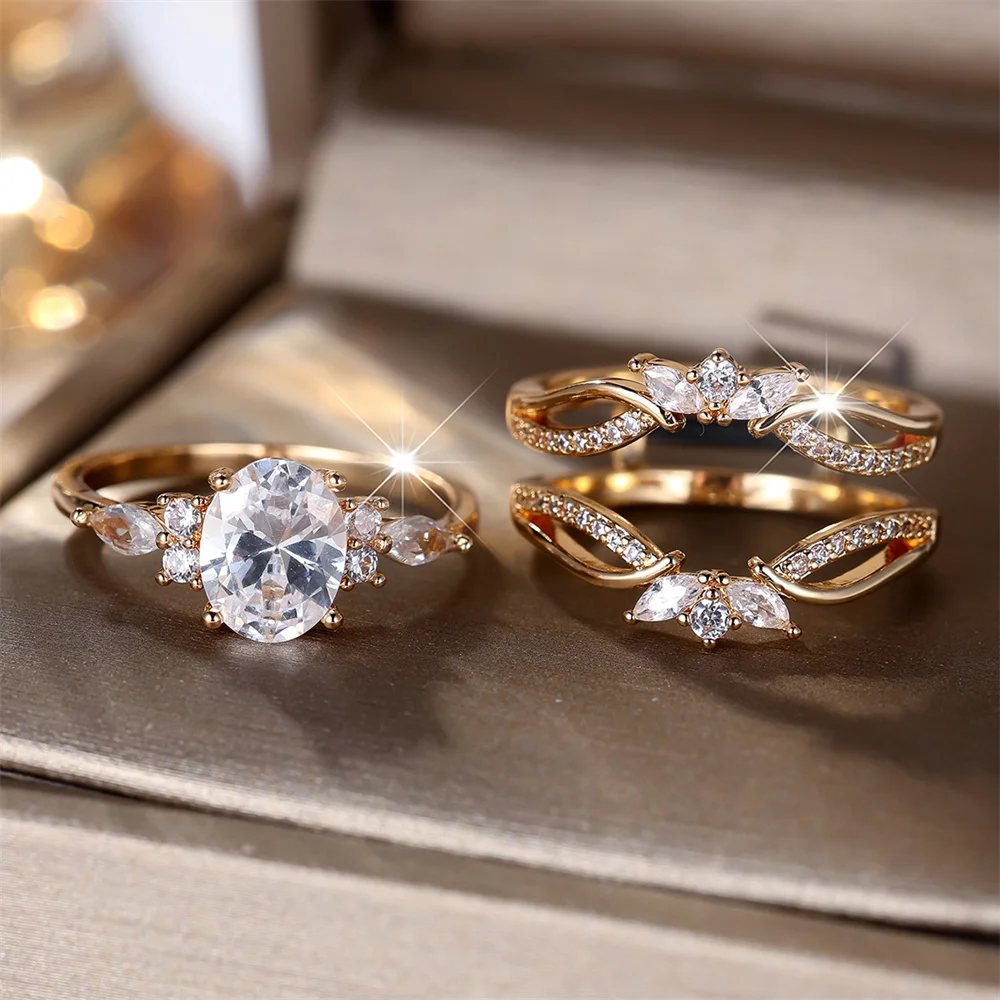 White Zircon Oval Stone Cute Flower Ring Sets For Women Vintage Gold Color Engagement Bands Wedding Jewelry Set Versatile Gifts
