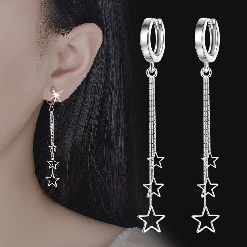 KOFSAC Elegant Popular Three Stars Hoop Earrings For Women 925 Sterling Silver Party Jewelry Beautiful Long Tassel Earring