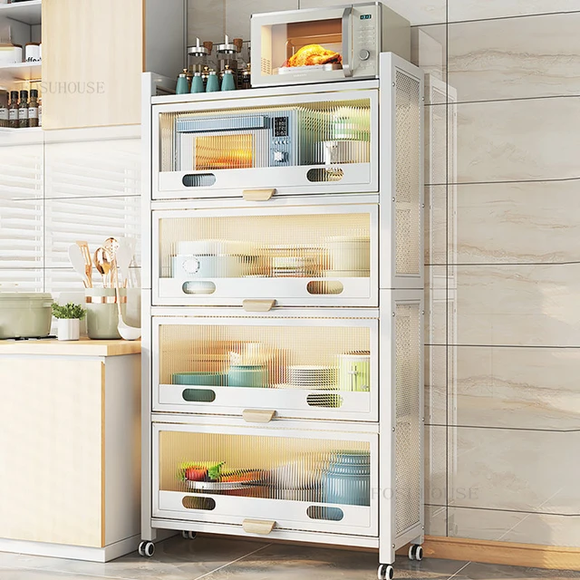 Simple Carbon Steel Kitchen Cabinets Floor Rack with Flip Door  Multi-function Microwave Oven Storage Cabinet