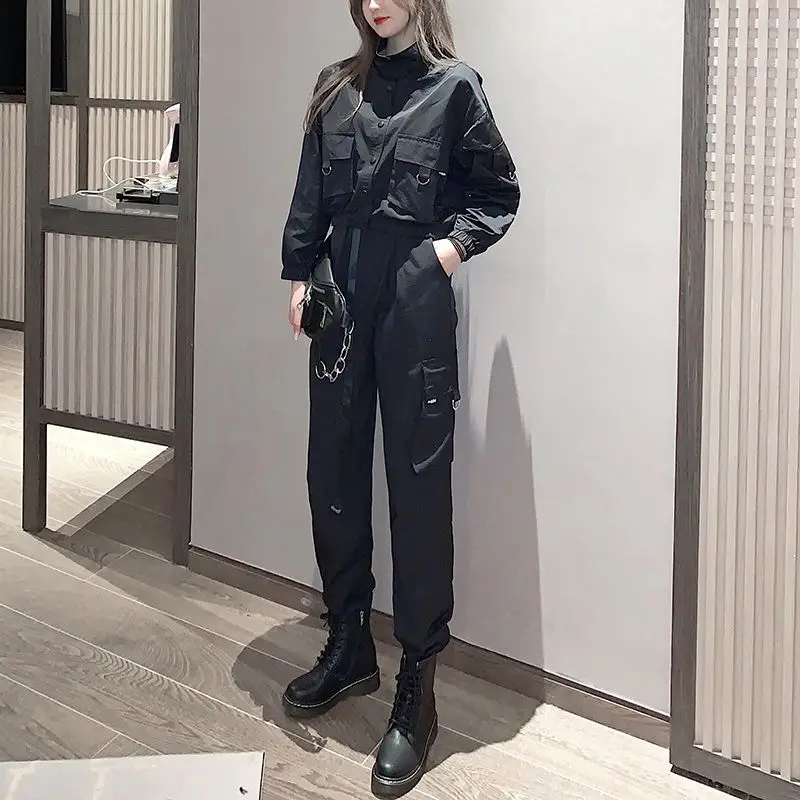 Single Suit Women's Spring Autumn New Cool Handsome Wear Motorcycle Style Coat Top with Two Piece Workwear Trousers Set