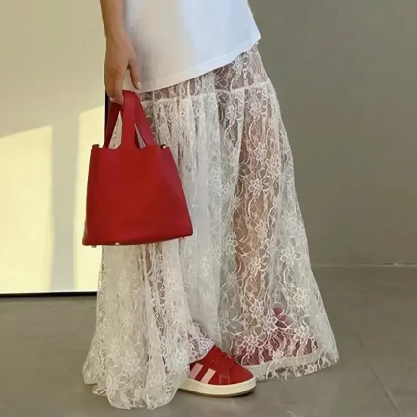 Lace Jacquard Transperant Skirt Women Summer New High Waist