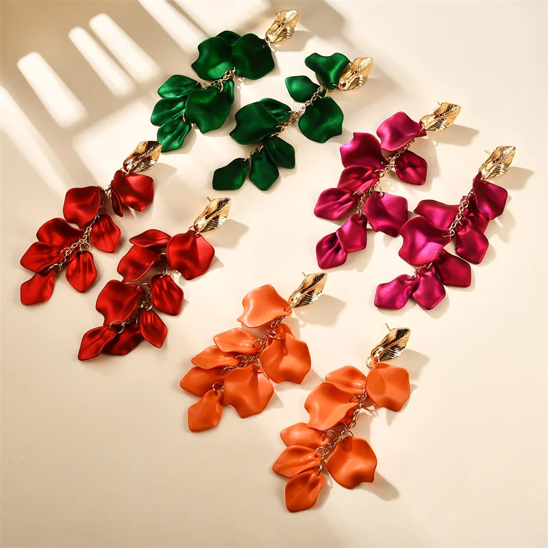 Gold Metal Leaf Acrylic Petal Tassel Earrings - Bold Floral Statement in Rose, Pink, and Orange