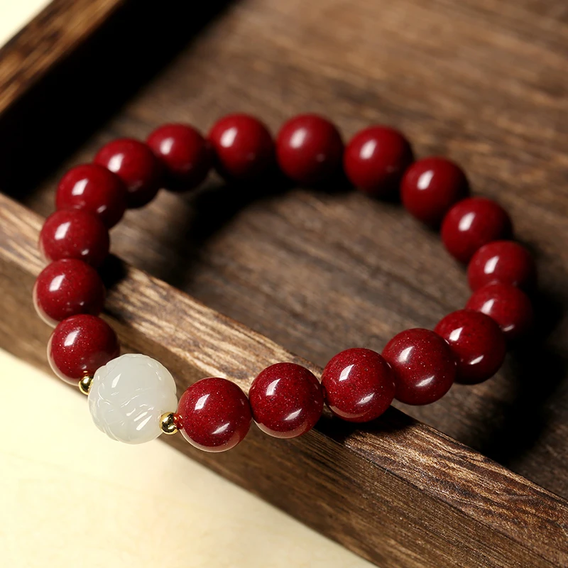 

Bracelet Cinnabar Natural Material Men's and Women's Same round Beads Lucky Beads Hetian Jade Twelve Zodiac Gift Box Hand Carved