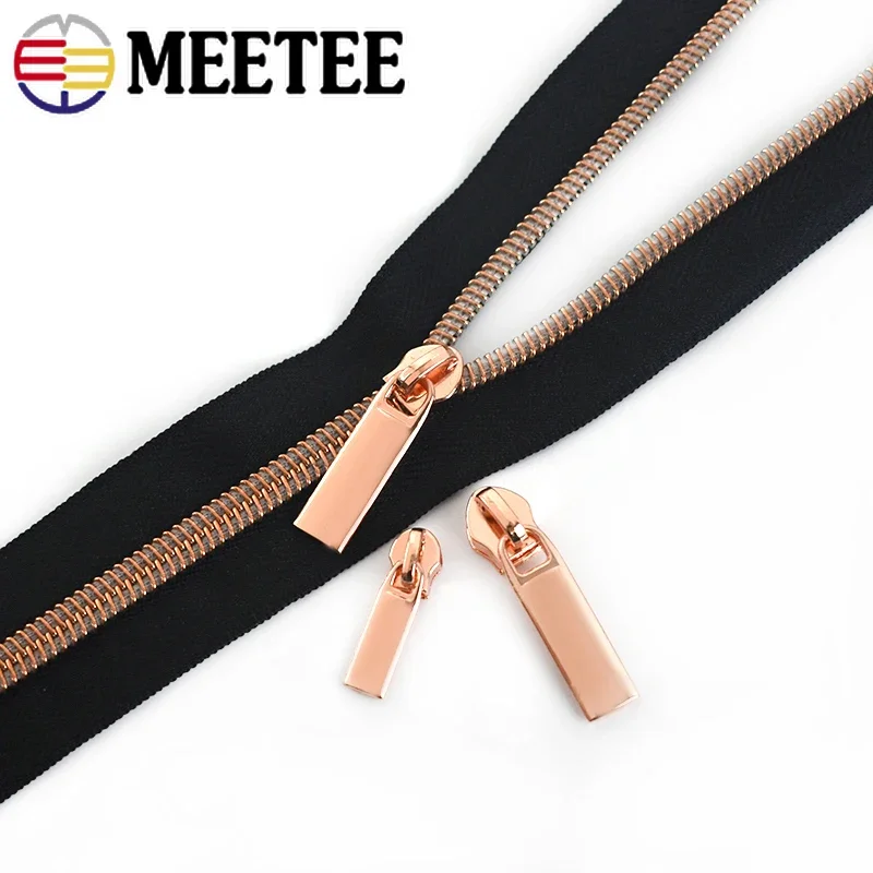 10Meter 3# 5# Nylon Zipper Tape with RoseGold Zips Puller Slider Decor Zippers Bag Clothes Coat Closure Zip DIY Sewing Accessory