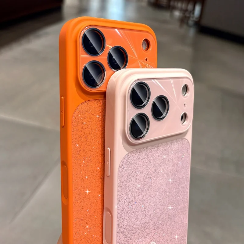 Luxury Bling Glitter Glass Case with Lens Protection and Shockproof Hybrid Bumper