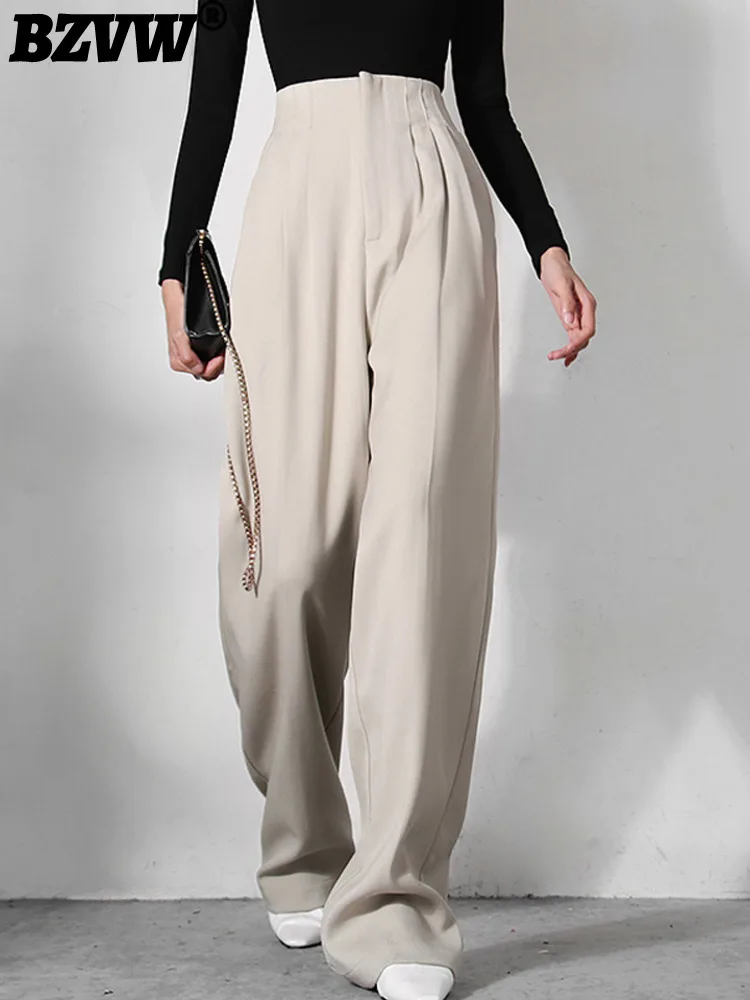 

BZVW Pleated Design Straight Wide Leg Pants For Women High Waist Casual Loose Temperament Female Pant 2023 New Trend 25X01466