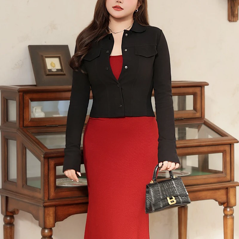 3D Cut Slim Single Breasted Coat Plus Size 2025 Autumn French Spice Slim-fit Knitted Premium Women Short Jacket