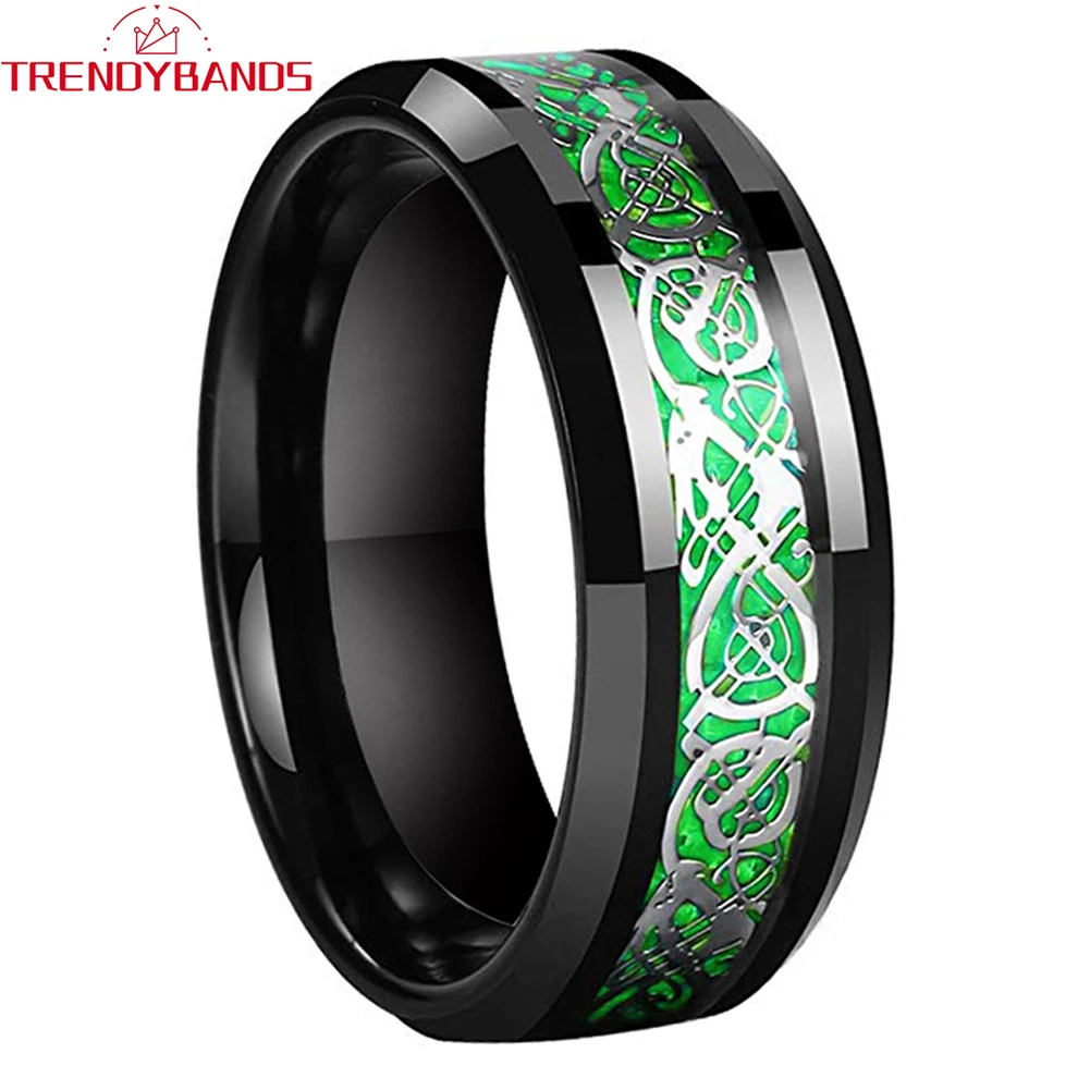 Men's Women's Wedding Band Black Tungsten Carbide Rings Green Opal And Original Dragon Inlay 8mm Fashion Jewelry Comfort Fit