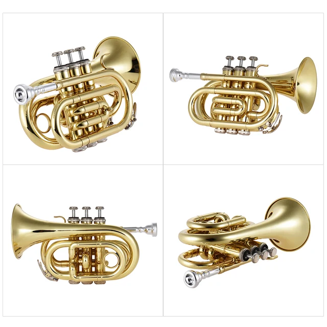 Mini Pocket Trumpet Bb Flat Brass Wind Instrument with Mouthpiece Gloves Cleaning Cloth Carrying Case - Image 5