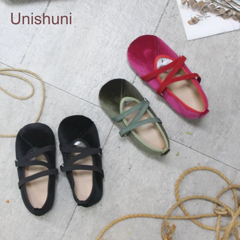 Unishuni Soft Slip-On Mary Jane Shoes for Girl Princess Vintage Loafer Children Retro Red Green Shallow Cross Elastic Band Flats