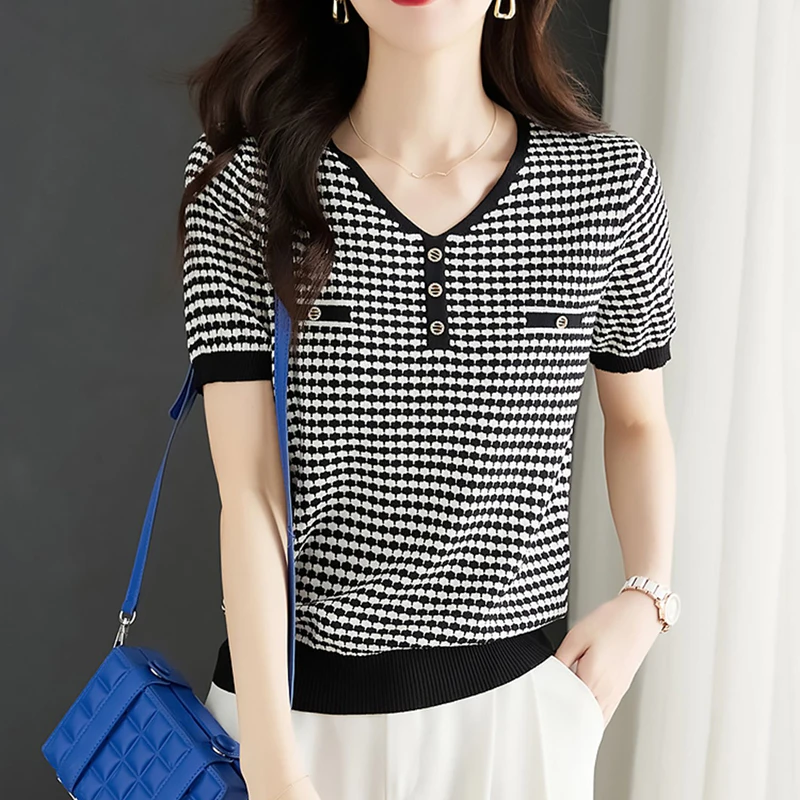 

Elegant Short Sleeve T Shirt for Women 2023 Summer New Tee Shirt Femme Ice Silk Knitted Tshirts Woman Korean Fashion V Neck Tops