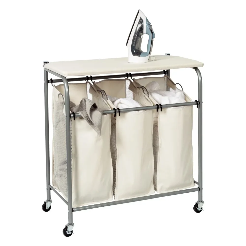 

Laundry Basket Triple Laundry Sorter with Ironing Board Hampers for Laundry Laundry Cart with Wheels Free Shipping