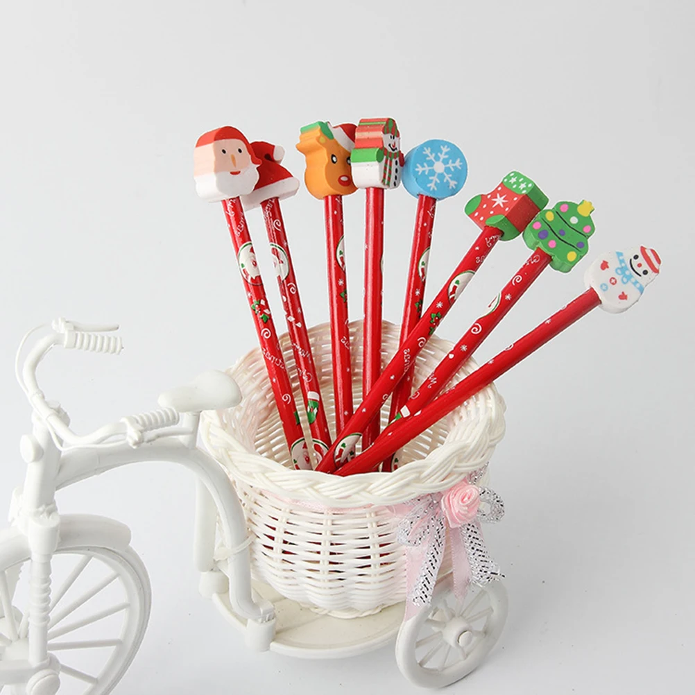 12Pcs Christmas Pencil with Eraser Students Pencils With Rubber Erasers Cartoon Pencils Christmas Gift Office School Stationery