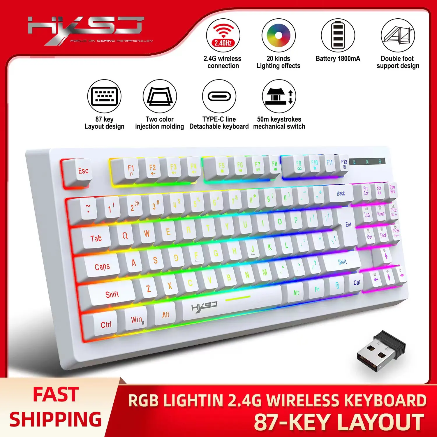 2.4G Rechargeable Wireless Gaming Keyboard RGB Backlit Ergonomics 87 Keys Mechanical Feel
