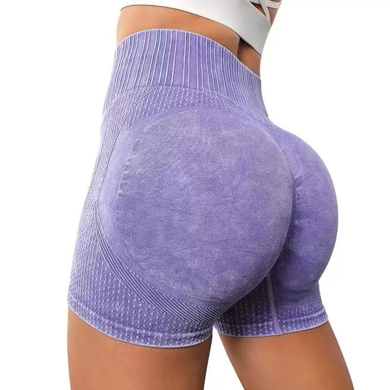 Summer European American Style Water Wash Frosted Yoga Shorts Solid Peach Hip Sport Fitness Elastic High Waist Tight Short Pants