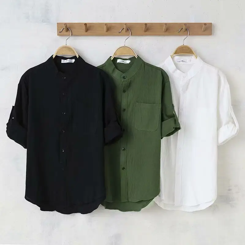 

Men's Mid-Sleeve Shirt Linen Stand Up Collar Cotton Trendy Loose Multi-Size Casual Wear Crisp Five-Quarter Sleeve Top Quality Su