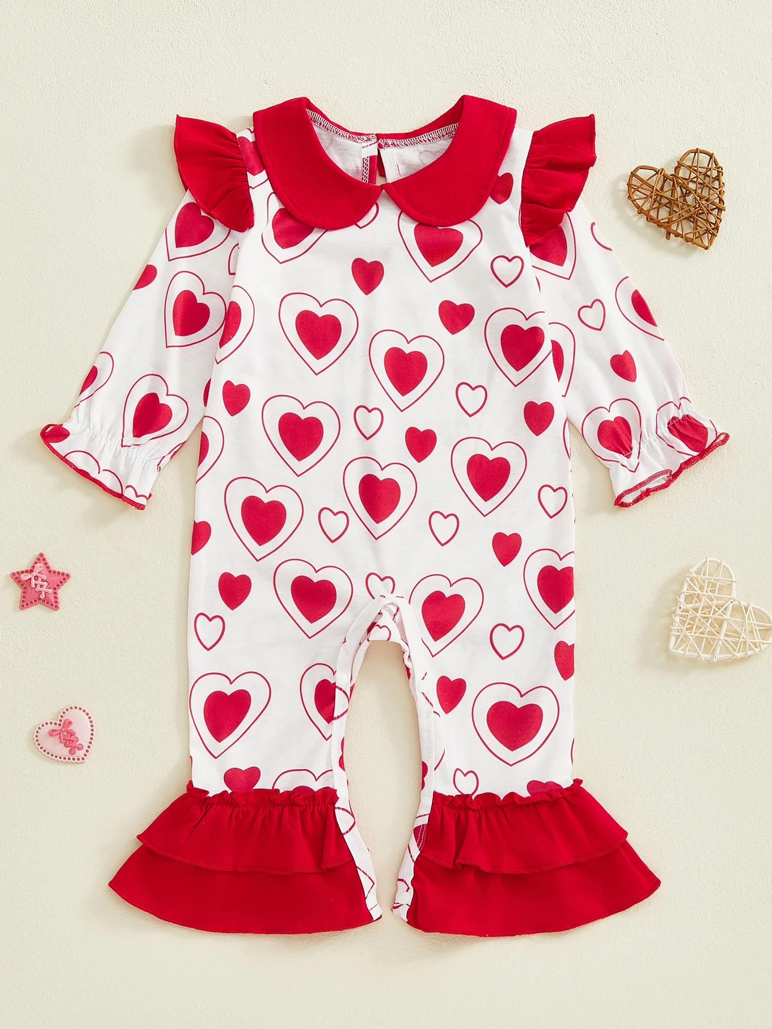 Adorable Toddler Girl Valentine s Day Romper with Puff Sleeves Heart Print and Ruffle Bell Bottoms for a Sweet Look