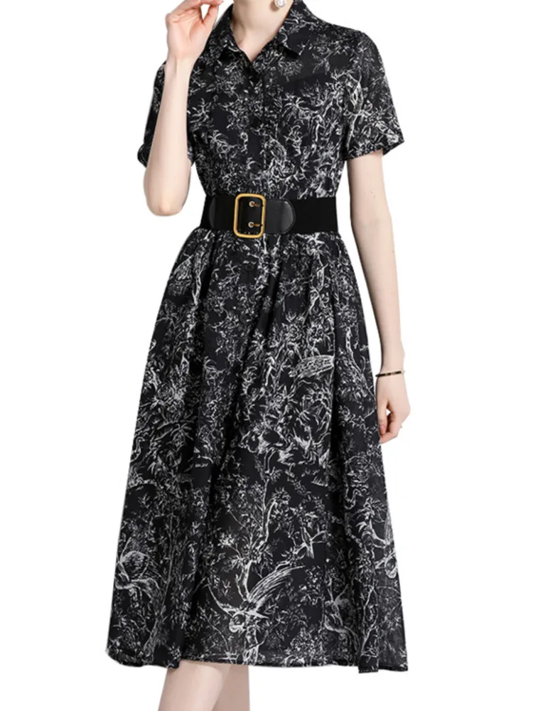 

Женское однобортное платье-рубашка, элегантное офисное платье-рубашка с коротким рукавом и высокой талией, лето 2024