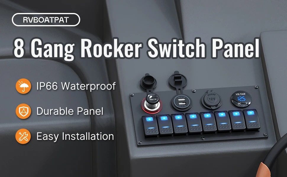 DaierTek Marine Boat Switch Panel Waterproof 8 Gang 12V Rocker Switch Panel Toggle Switch Panel Blue LED Lighted for Automotive