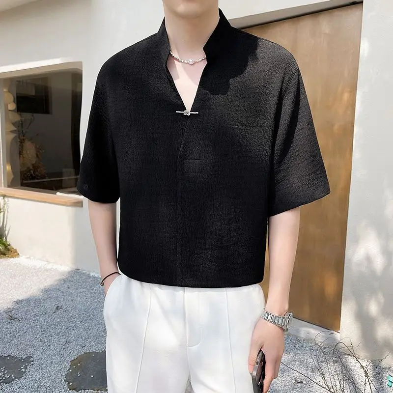 V-neck short sleeved t-shirt for men's summer slim and handsome  2024 new high-end polo shirt, ice silk summer T-shirt trend