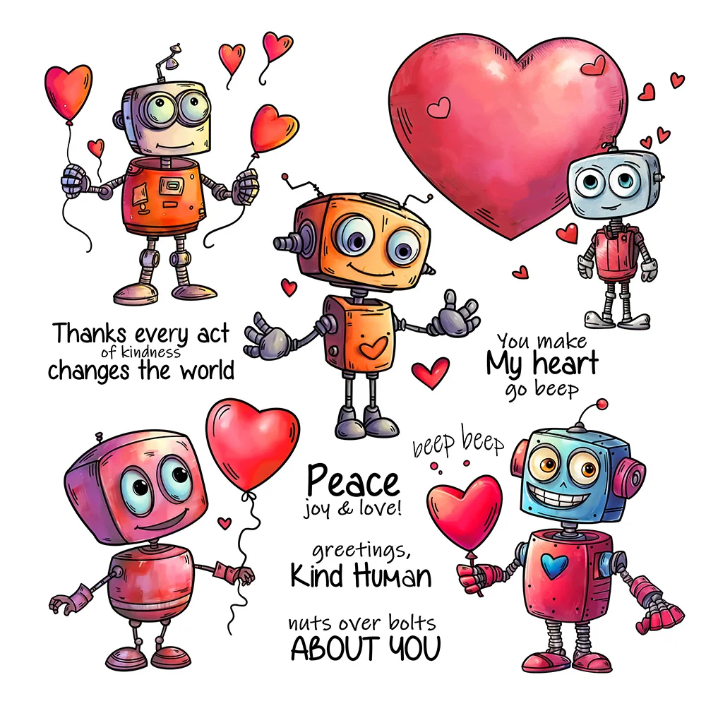 Mangocraft heart balloons cute robot clear stamp Valentine's Day DIY scrapbooking supplies silicone stamp for cards albums decor clear stamps