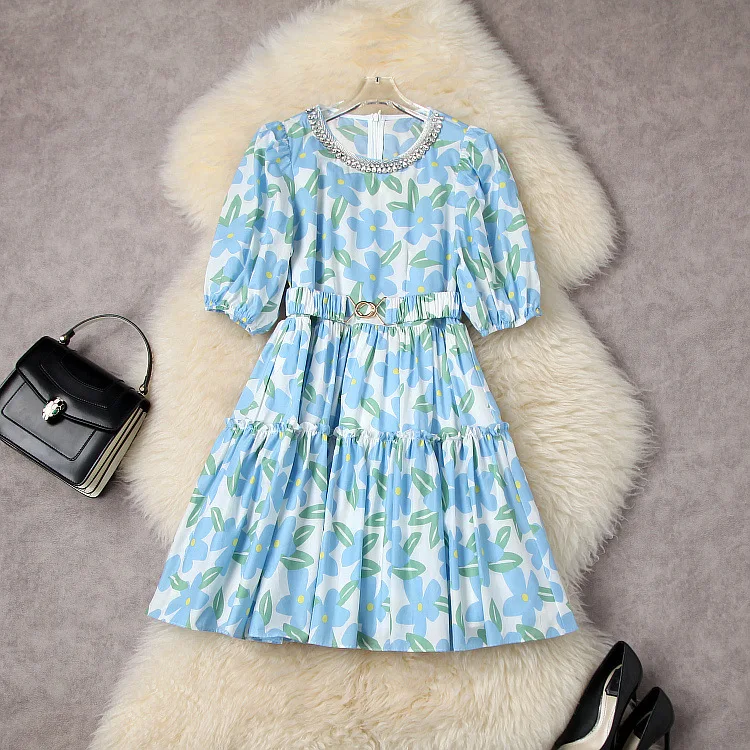 

European and American women's wear spring 2022 new Five - quarter sleeve stud bead round collar blue print Fashion belted dress