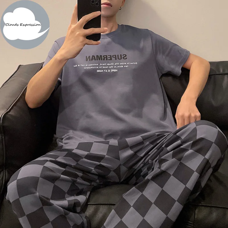 Summer Knitted Plaid Cool Mens Pyjamas Pajamas Casual Lounge Sets Sleepwear Nightwear 3XL