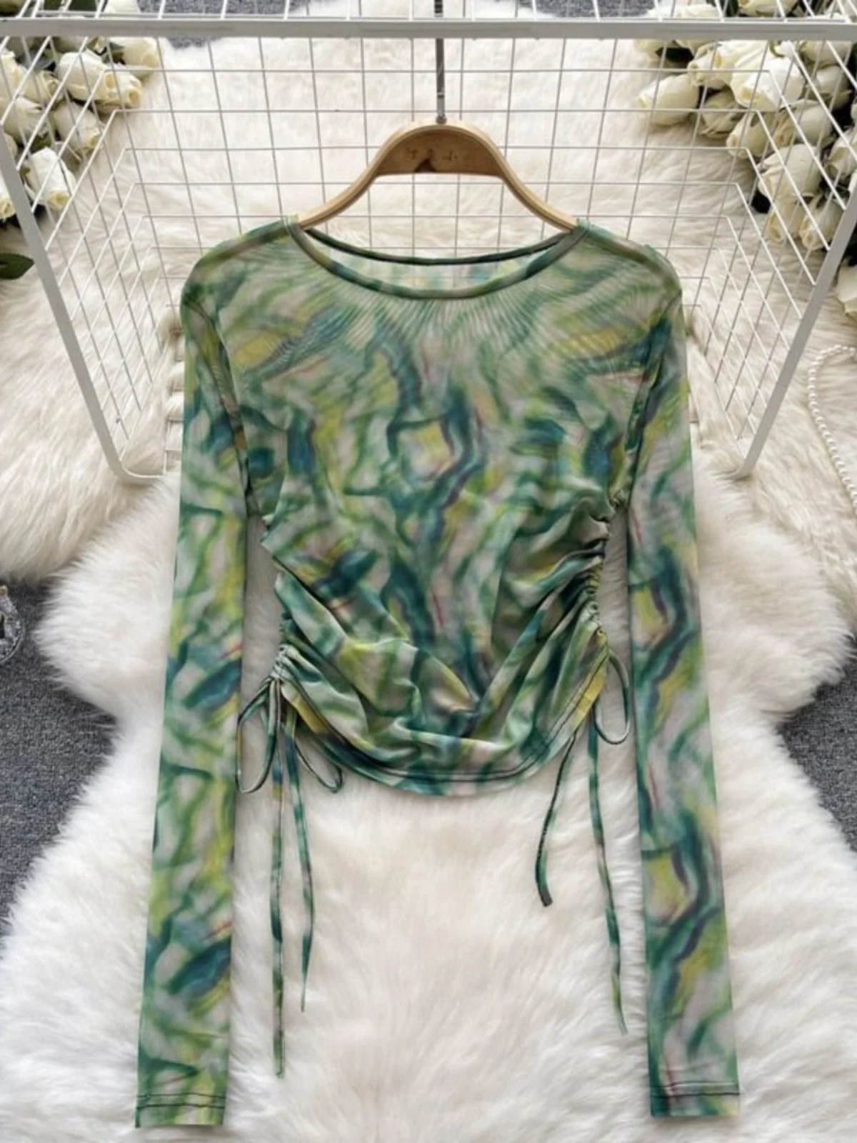 Retro Tie Dye Me Rope round Ne T irt Women's Clothing Cut Label Design Casual Slim Fit Long Sve Summer Top