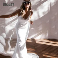 Elegant Mermaid Wedding Dresses Women Open Back V-Neck Spaghetti Straps Crepe Simple Bridal Gowns Vestidos De Noiva Customized 1