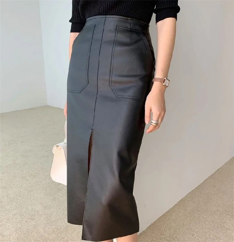 New Lady PU Leather High Waist Fashion Bag Hip Skirt 2022 Autumn And Winter Female Elegant Front Split Zipper Midi Pencil Skirt