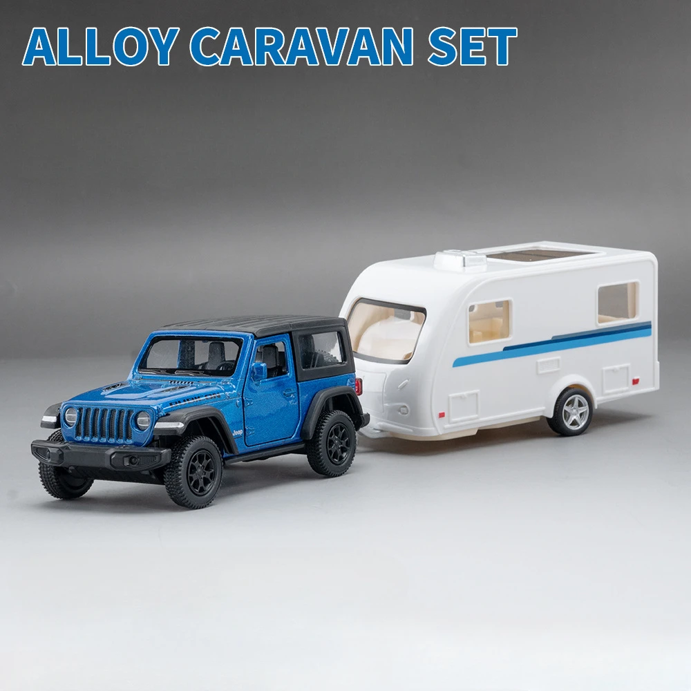 Alloy Diecast Land Rover and RV Caravan Toy Set with Opening Doors