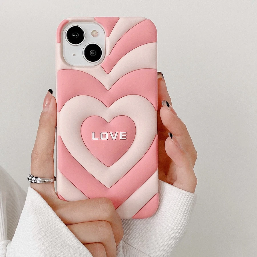 Sweet Pink 3D Love Heart Soft Silicone Phone Case for iPhone 14 Pro Max 11 12 iPhone 13 Pro Max