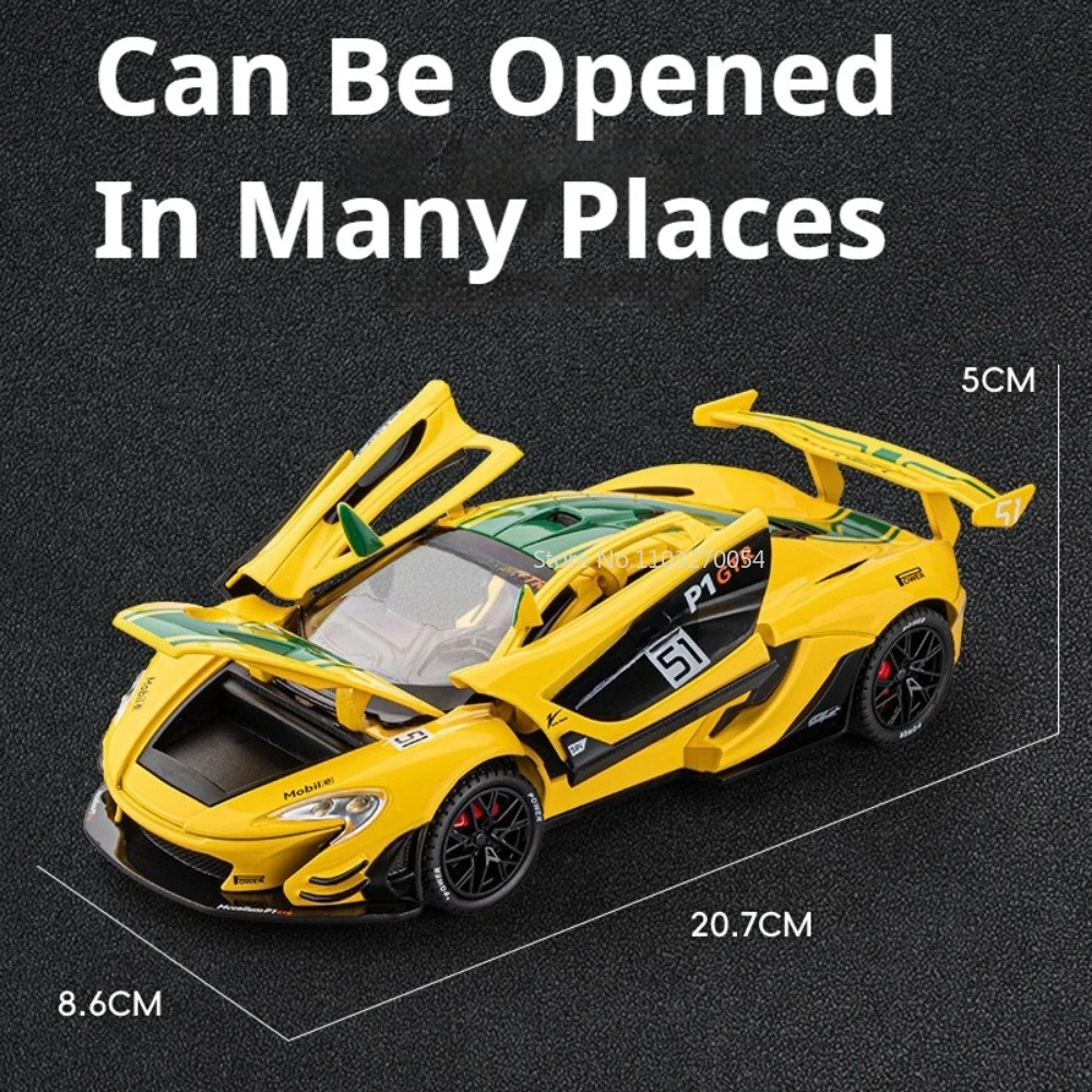 1/22 P1 GTR 모델 자동차 장난감, 합금 다이캐스팅 럭셔리카 로고, 3 문짝 열 수 있음, 사운드 라이트 풀백 모델 장식 축제 선물
