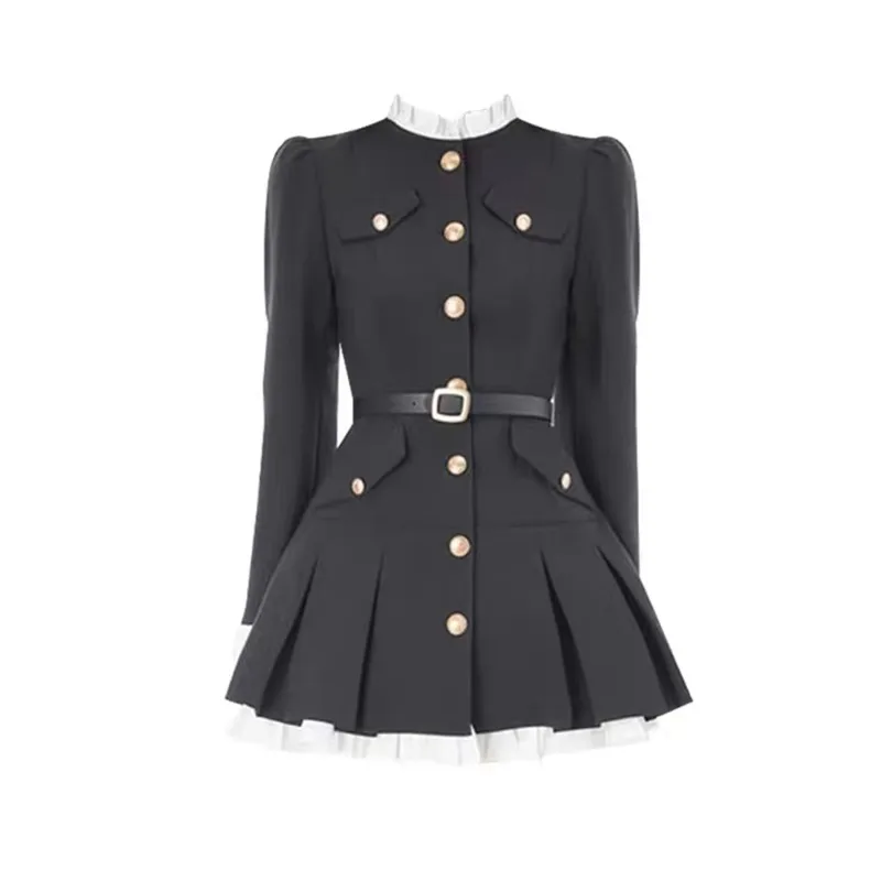 

Fake Two Pieces Patchwork Causal Sweet Women Dress All Match Ruffled Neck Dresses Pleated Fashion Elegant Vestido De Mujer