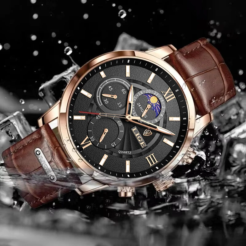 LIGE 2024 New Mens Watches Top Brand Luxury Brown Leather Casual Quartz Watch Men Sport Waterproof Clock Watch Relogio Masculino