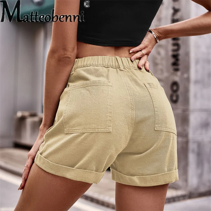Fashion Street Three-dimensional Pocket Splicing Button Denim Shorts Women's Casual Overalls Female Straight Three-quarter Pants