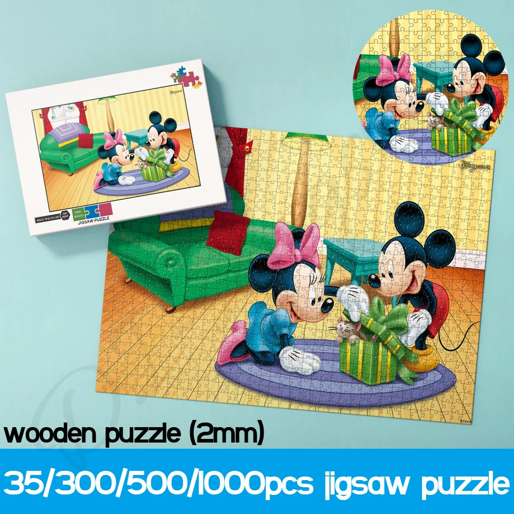 

Disney Cartoon Puzzles Mickey and Minnie Unpacking Gifts Cute Classic Cartoon Characters 1000 Pieces Wooden Boxed Puzzles Kids