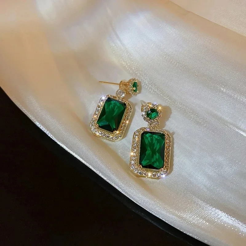 Luxury Green Crystal Jewelry Set for Women Square Rhinestone Necklace / Earrings / Rings Jewelry for Lady Party Wedding Gift
