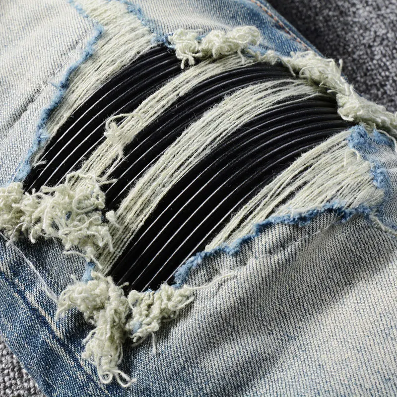 High Street Fashion Men's Jeans Elastic Retro Blue Tight Split Jeans Men's Patch Panel Designer Hip Hop Brand Pants hombre