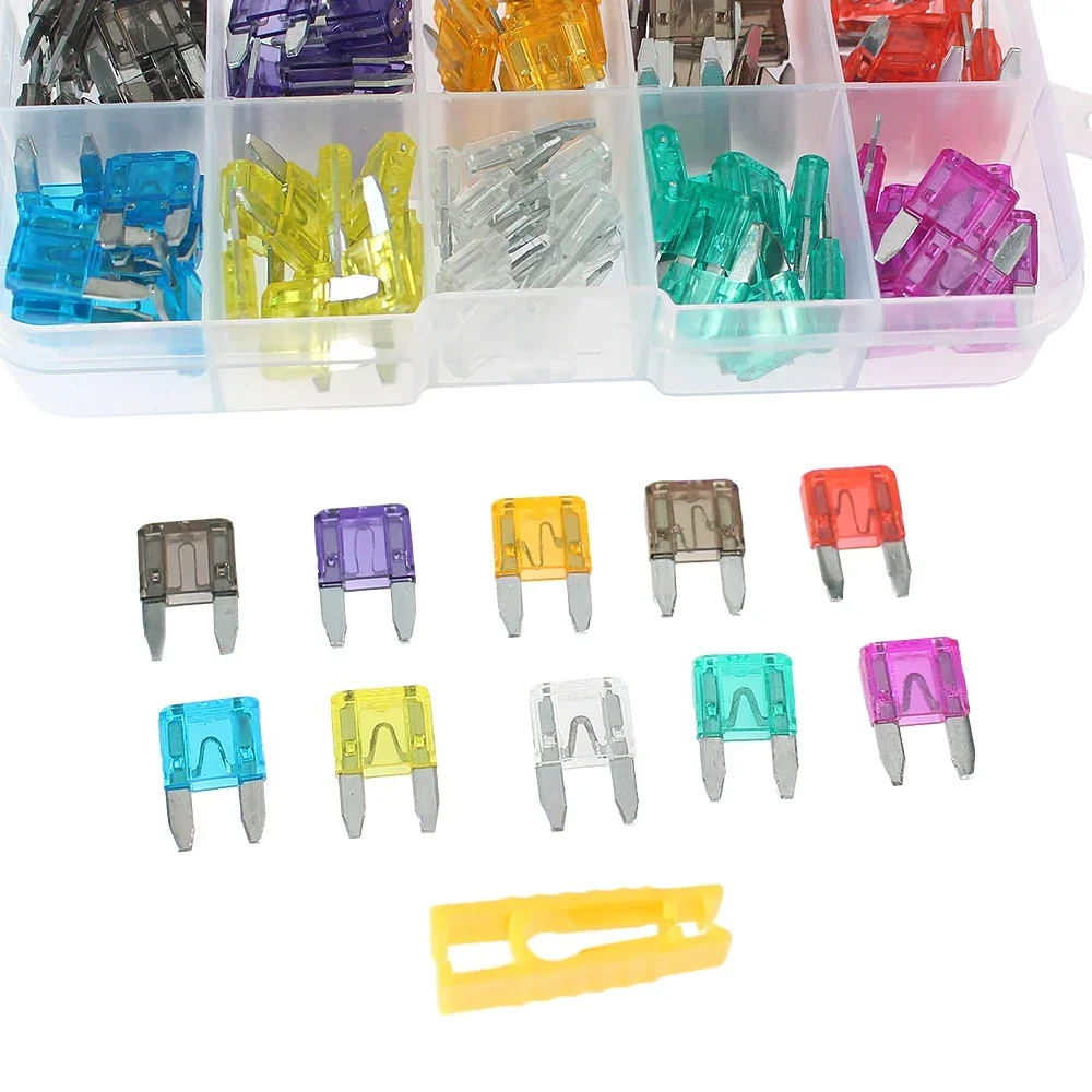 10/100PCS Small Size Car Fuse Assortment Set Profile 5A 7.5A 10A 15A 20A 25A 30A 35A 40A Profile Blade Type Fuses with Clip