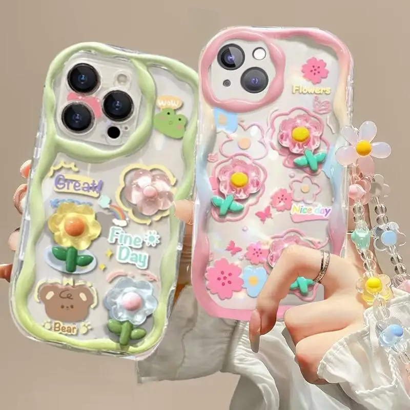 Cute Bear Pattern Flower Hang Chain Clear Soft Phone Case