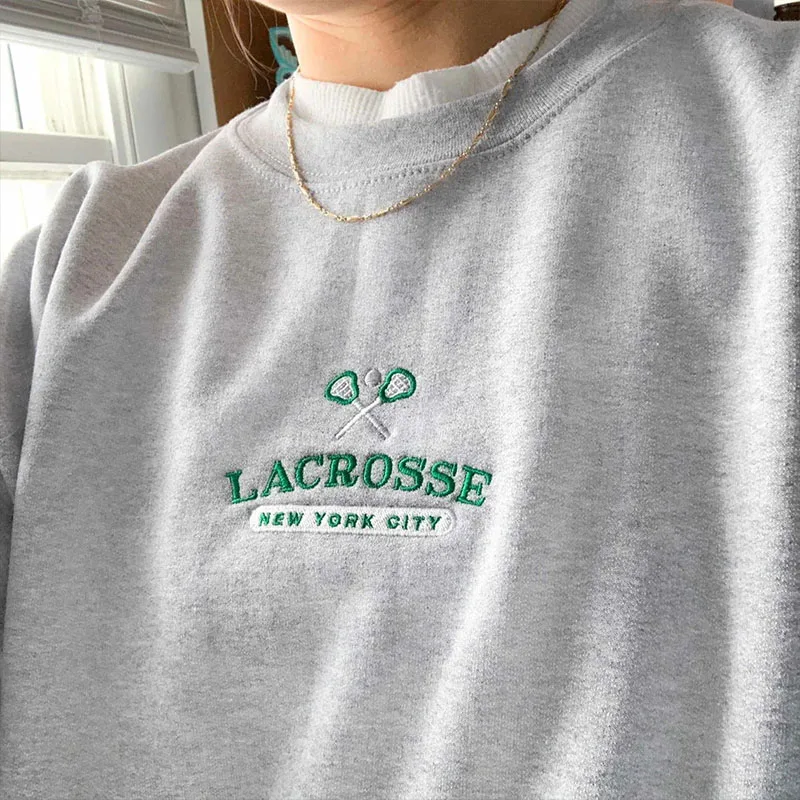 

New York City Lacrosse Letters Embroidered Autumn Pullovers Long Sleeve Loose Crewneck Gray Tops Thick Retro Unisex Sweatshirts