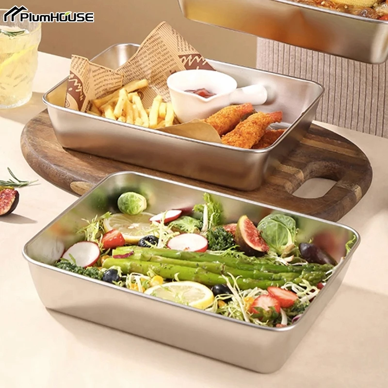 Stainless Steel Square Plate With Lid Rectangular Food Storage Pan Commercial Dish Tray Large Refreshing Lunch Box Container storage box storage tray kitchen tray