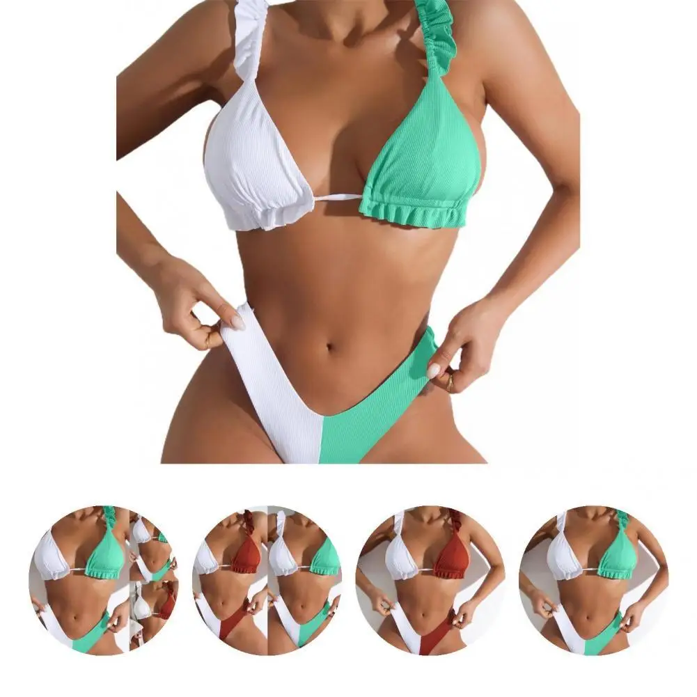 

Elastic Novelty Patchwork Color Ruffled Bra High Waist Thong Swimsuit Stretchy Bra Briefs Set Backless for Beach