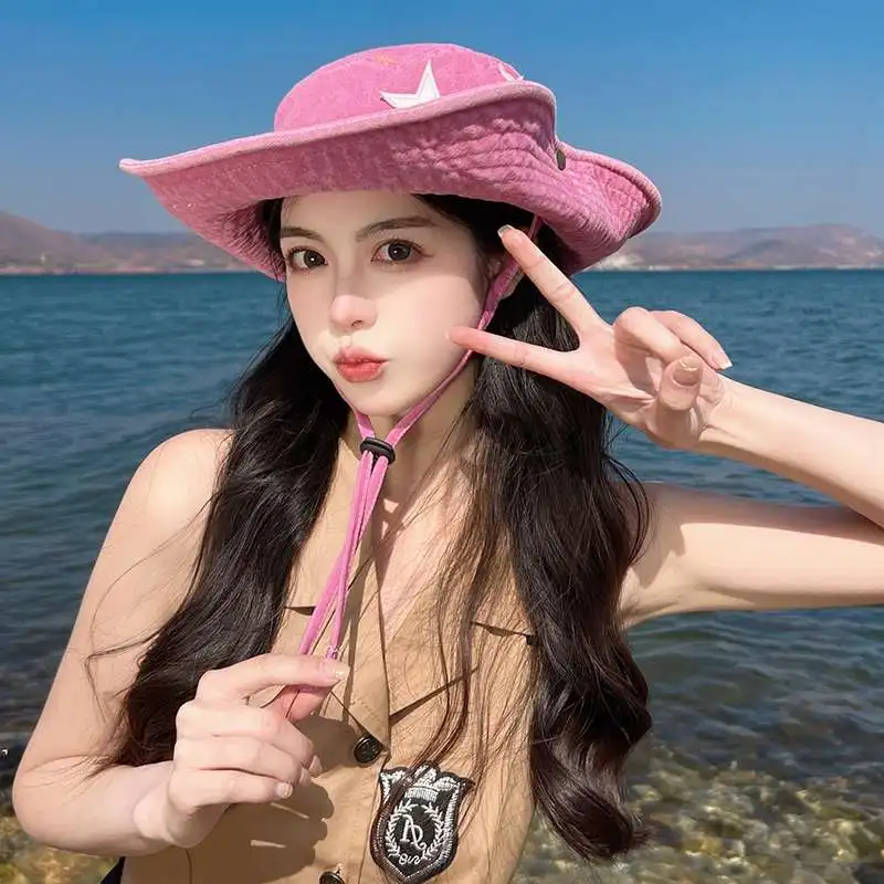 Hot Sale Punk Stars Bucket New Summer Y2K Star Pink Retro Big Brim Outdoors Sun Protection Girl Cowboy Hat Casual Jazz Cap_senzul.com