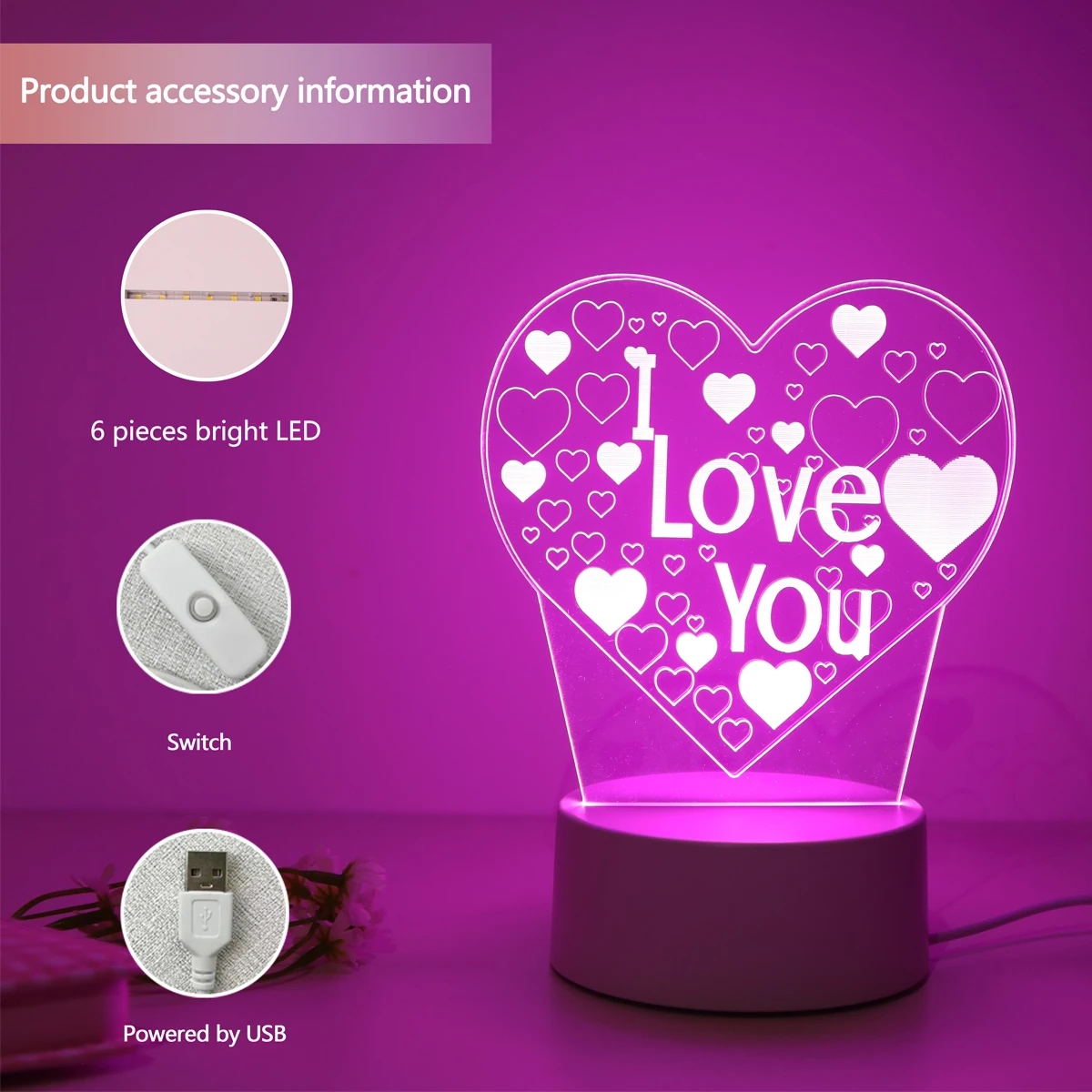 Pink 3D “I LOVE YOU” Night Light 2