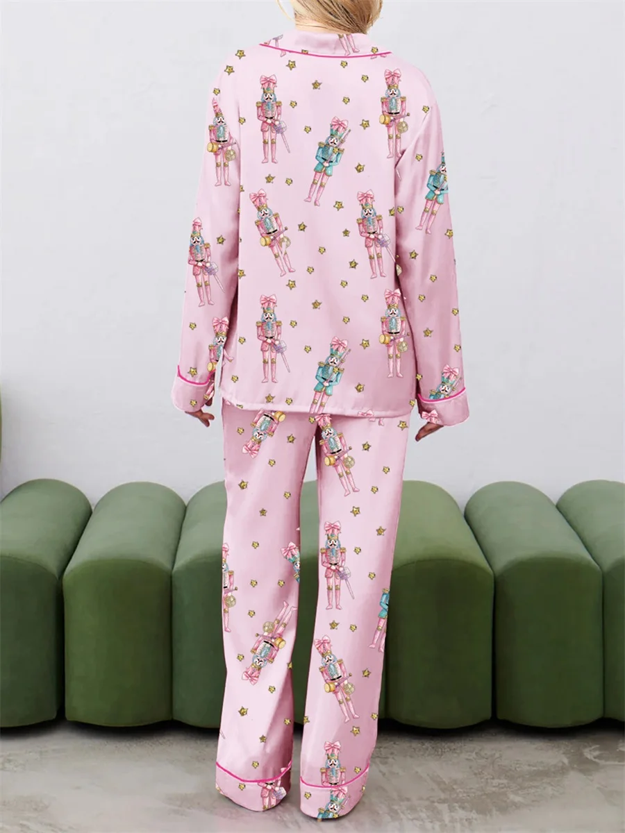 Women Christmas Pajama Set Cute Nutcracker Print Long Sleeve Button Down Shirt Pants Satin Silk PJ Set 2 Piece Jammies