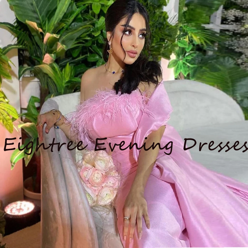 

Sparkly Sweet Pink Featehr Dubai Cloak Prom Dresses Strapless Off Shoulder Long Formal Evening Gowns Formal Party Dress Vestido
